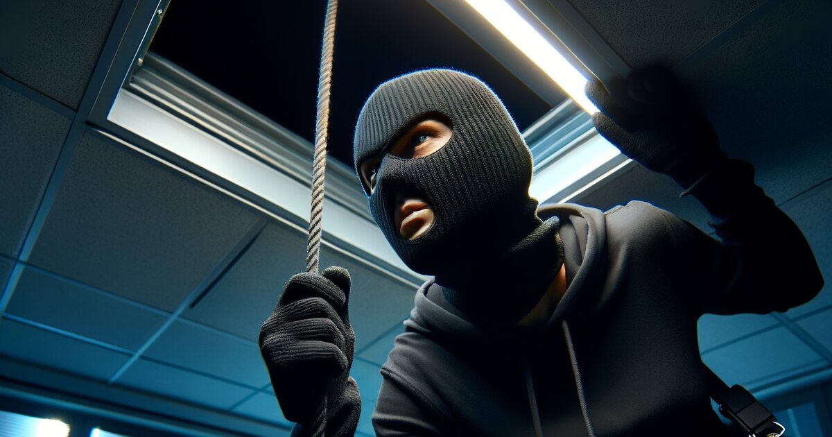 Masked burglar in black gloves dropping through an open ceiling panel on a rope into a darkened commercial space at night.